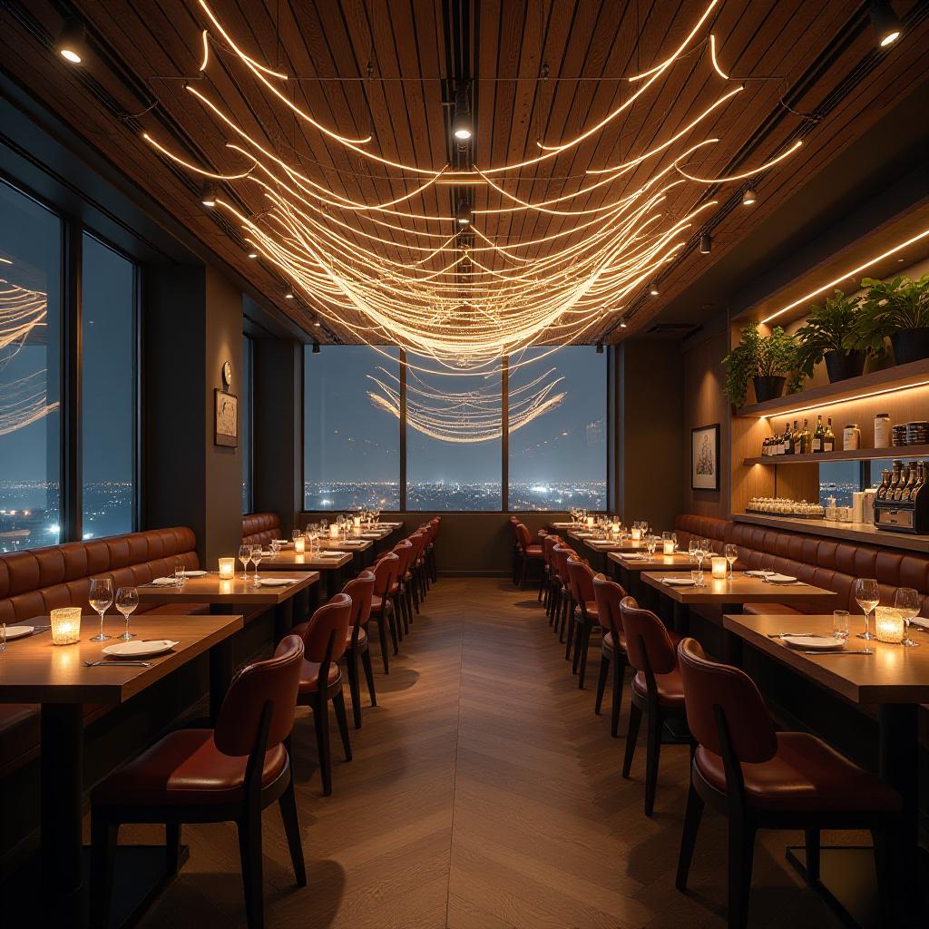  a wide canvas of light line in the air in the form of waves in the restaurant hall, a canvas of glowing wires hovers in the air {prompt}, maximum details