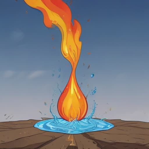 A fire within a droplet of water falling to the ground with the air in the background in Comic Art style