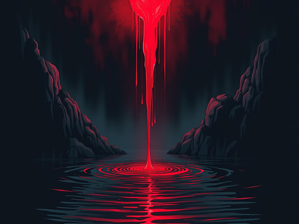  dark fluid seeping into pure water, changing its color, symbolic of moral decay, sense of corruption. the style is digital art illustration / modern comic book / graphic dark novel fantasy and mysterious occult, symbolic, moody lighting, esoteric vibe,high detail on character design. for the color scheme emphasize blacks and reds.