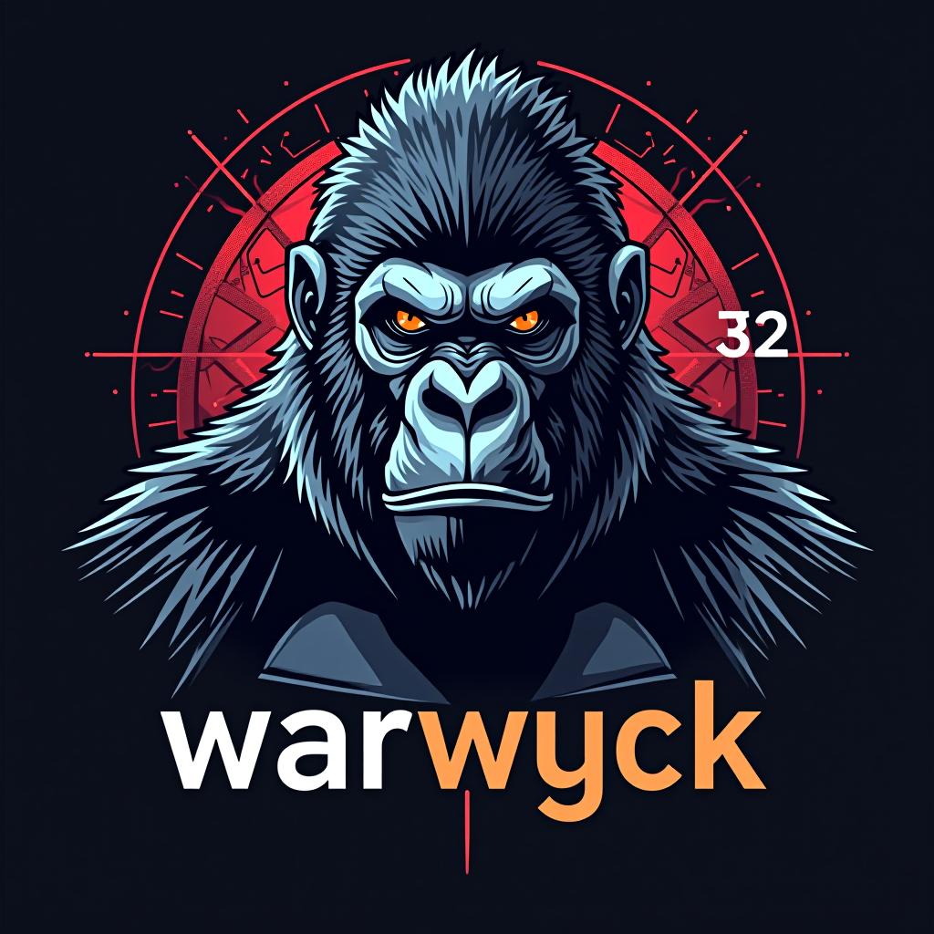  design a logo, in a surrealism style. electronic gorilla, with the text 'warwyck 32'.