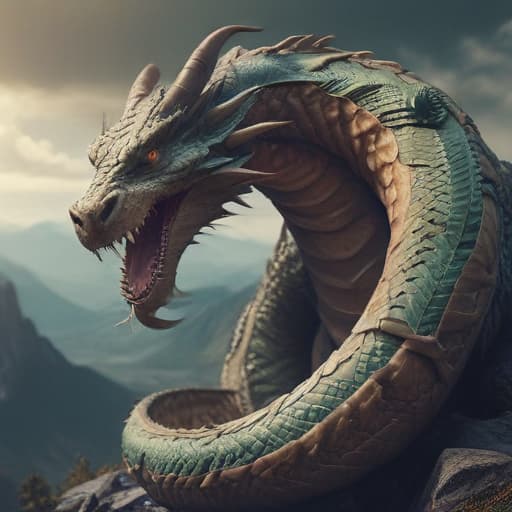 Titanaboa giant dragon-looking snake with horns wrapped around a mountain in Cinematic style with Mountains background