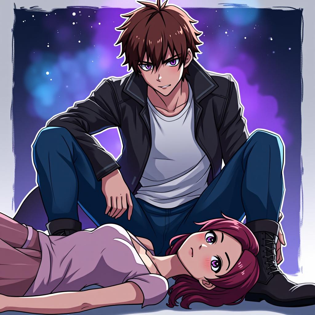  anime artwork the defender of the universe is a man, thin build, short brown hair, his eyes glowed purple. clothes white t shirt, leather jacket, blue pants, leather boots. leaned over the dying girl . anime style, key visual, vibrant, studio anime, highly detailed