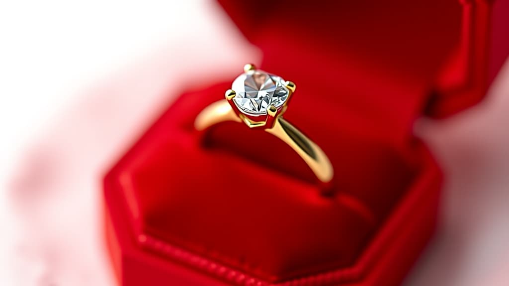  shiny gold ring with diamond in red velvet box, isolated on white background, ideal for engagement promotions