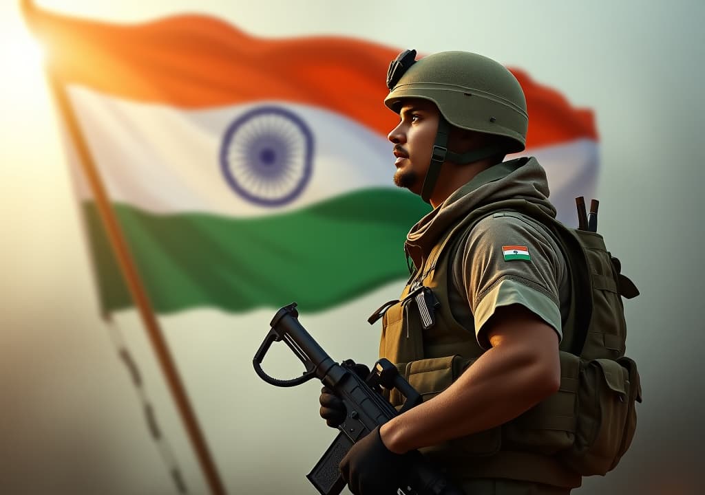  brave indian soldier with national flag in hand