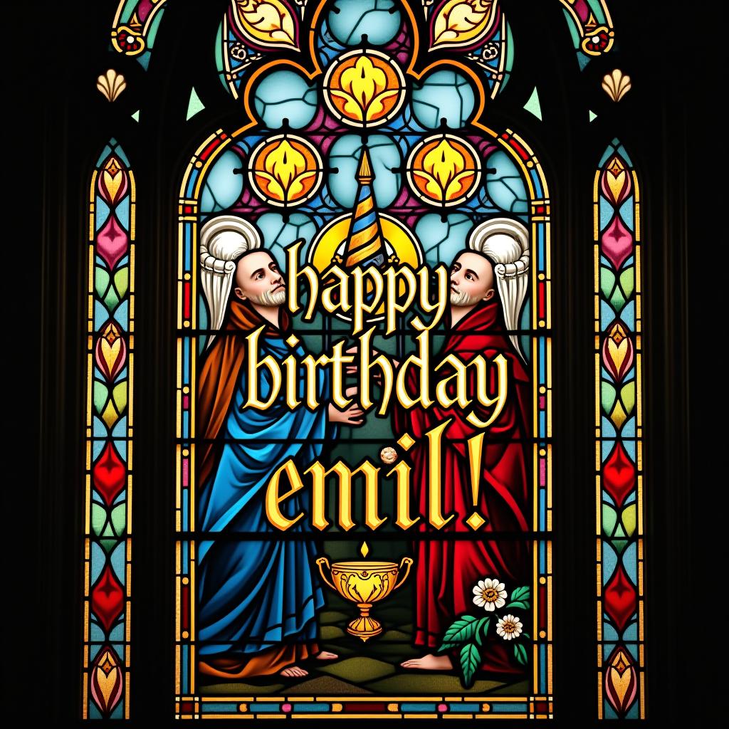  stained glass window design featuring party motifs and "happy birthday emil!" in gothic inspired lettering hyperrealistic, full body, detailed clothing, highly detailed, cinematic lighting, stunningly beautiful, intricate, sharp focus, f/1. 8, 85mm, (centered image composition), (professionally color graded), ((bright soft diffused light)), volumetric fog, trending on instagram, trending on tumblr, HDR 4K, 8K