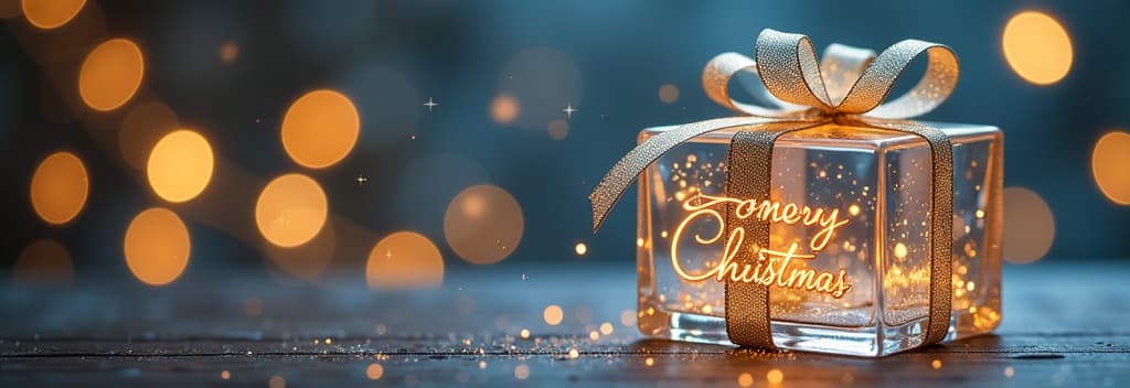  transparent glass christmas gift with glass bow, golden glowing text “merry christmas”, festive silver bokeh background ar 3:1 {prompt}, maximum details