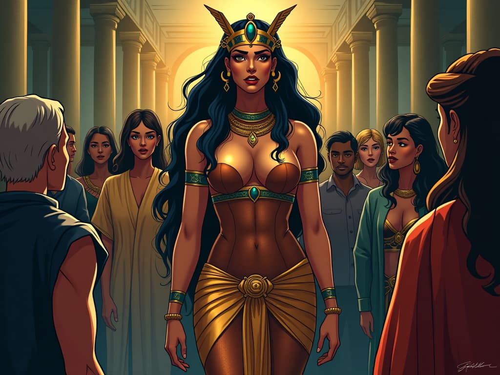  a large busted goddess in a tight, shimmering gown, standing amidst a diverse group of eagerly listening individuals, her expression one of calm authority, the atmosphere of leaving a lasting impact on others through wise and nurturing words.. the style is digital art illustration / modern comic book / mysterious occult, symbolic, esoteric vibe,high detail on character design, incorporating ancient egyptian symbology and attire.