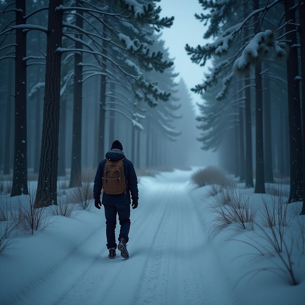  winter forest, night, snow is falling. hyperrealistic, full body, detailed clothing, highly detailed, cinematic lighting, stunningly beautiful, intricate, sharp focus, f/1. 8, 85mm, (centered image composition), (professionally color graded), ((bright soft diffused light)), volumetric fog, trending on instagram, trending on tumblr, HDR 4K, 8K