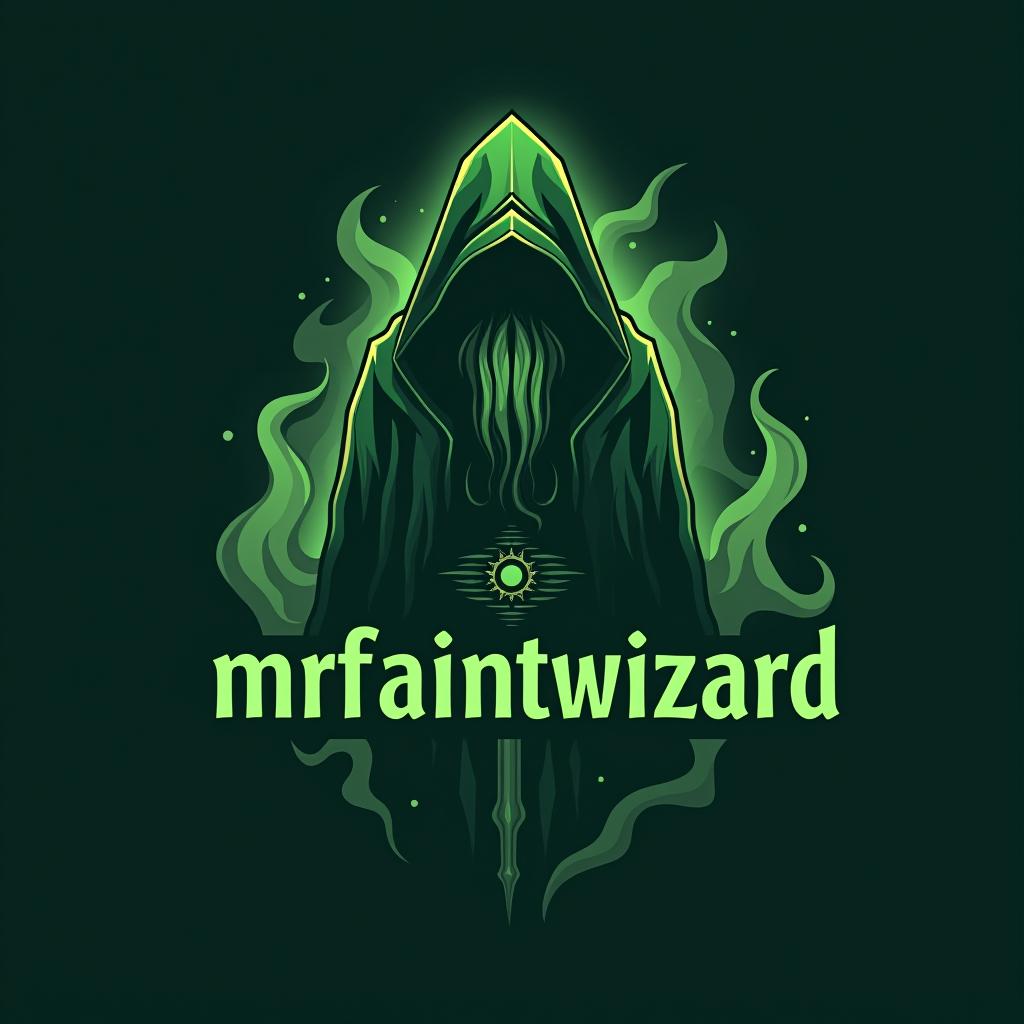  design a logo, a cloaked wizard in green with elements and smoke around him, with the text 'mrfaintwizard '.