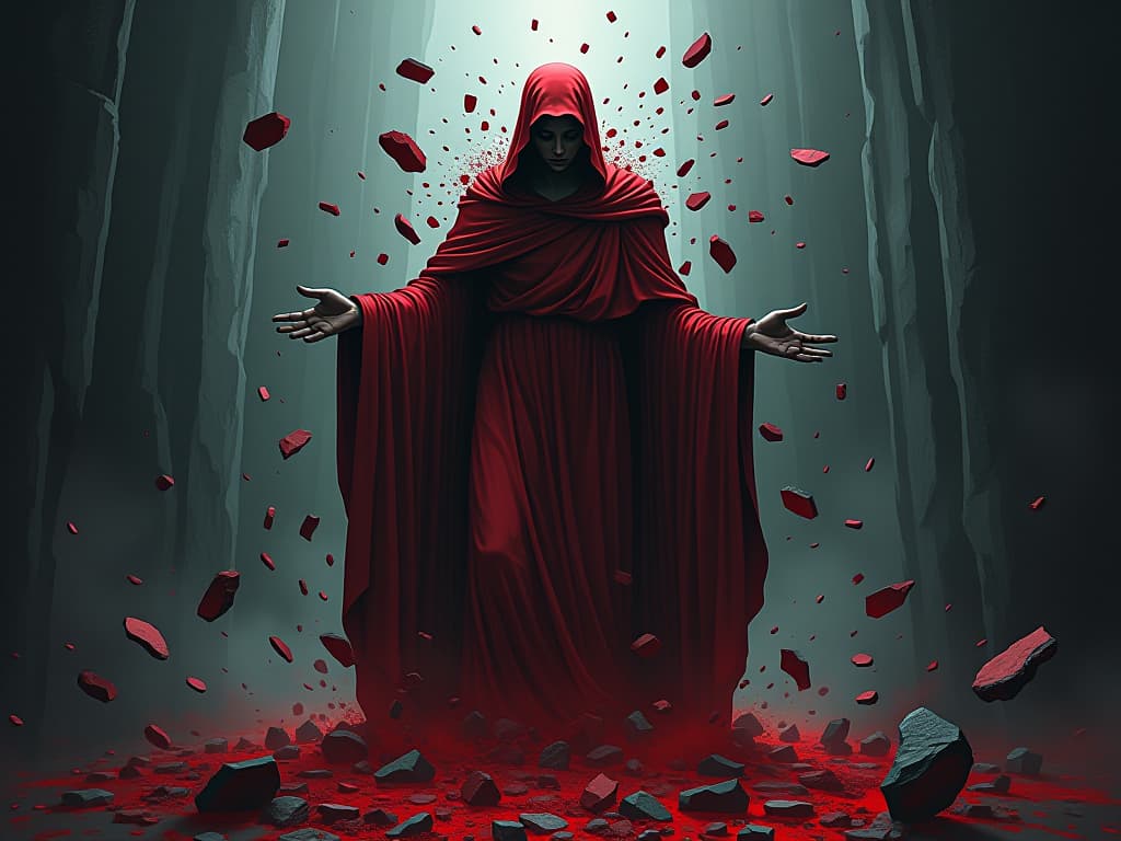  disintegrating statue in red garments, pieces falling into a void, aura of eroding self esteem and worth. the style is digital art illustration / modern comic book / graphic dark novel fantasy and mysterious occult, symbolic, moody lighting, esoteric vibe,high detail on character design. for the color scheme emphasize blacks and reds.