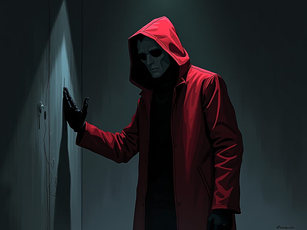  figure in red coat, pushing shadow aside, determined expression, dimly lit room, air of dismissal. the style is digital art illustration / modern comic book / graphic dark novel fantasy and mysterious occult, symbolic, moody lighting, esoteric vibe,high detail on character design. for the color scheme emphasize blacks and reds.