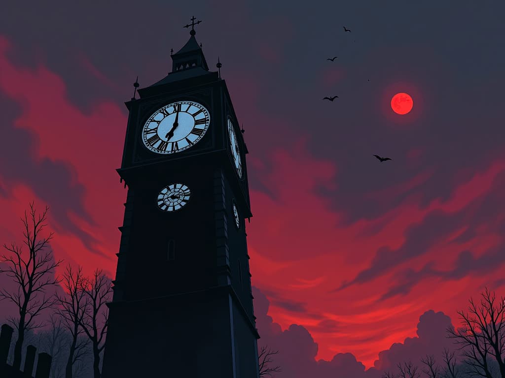  clock tower at dusk, gears and cogs visible, frozen in time, symbol of stagnation, air of halted progress. the style is digital art illustration / modern comic book / graphic dark novel fantasy and mysterious occult, symbolic, moody lighting, esoteric vibe,high detail on character design. for the color scheme emphasize blacks and reds.