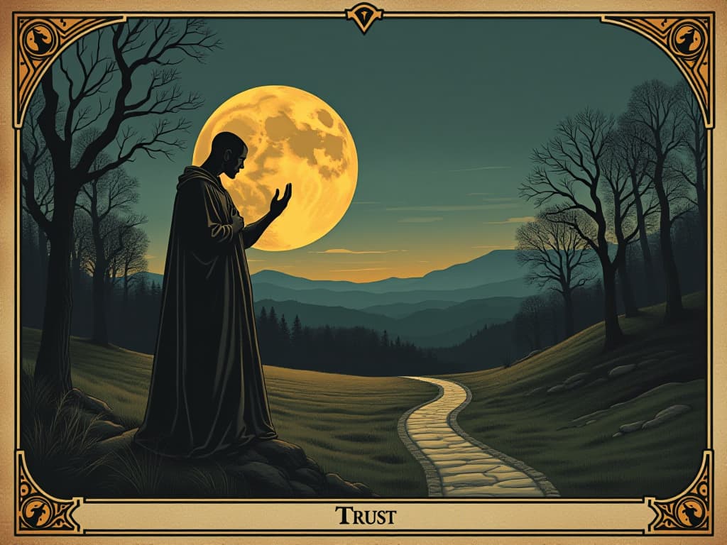  decision making moment, figure with hand on heart, divergent paths ahead, twilight setting, reflection, trust. an illustration in the style of a worn, mystical old tarot trump card, mysterious and elements of surrealism. the colors are muted, somber and eerie, but with contrast bring out an occult and esoteric vibe.