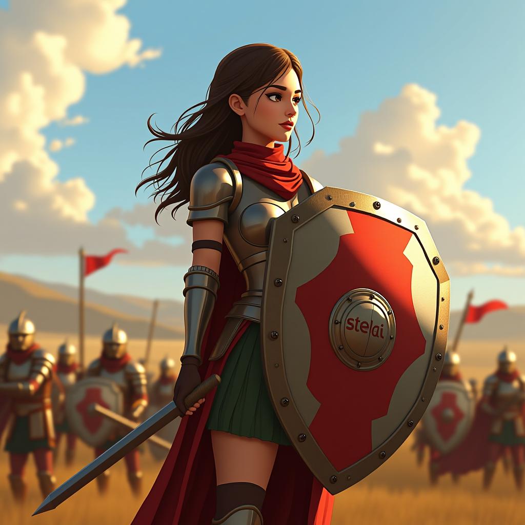  a pixar style woman. in the middle of a battlefield. with “stelai” written on her gleaming shield