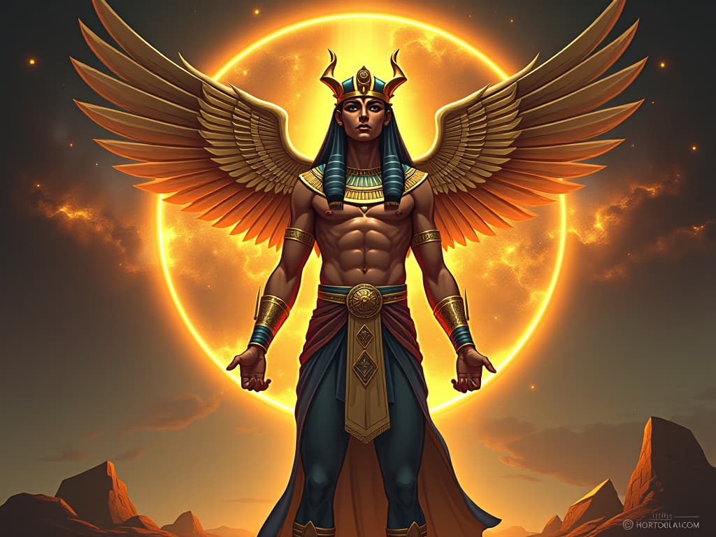  a radiant egyptian deity, large busted in tight, form fitting attire, embodying unity, standing before a cosmic gateway, chosen to embody sacred connection. the style is digital art illustration / modern comic book / mysterious occult, symbolic, esoteric vibe,high detail on character design, incorporating ancient egyptian symbology and attire.