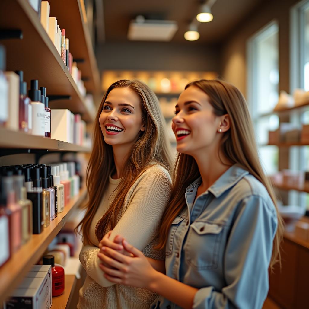  tilt shift photo of realistic image. two beautiful russian tall slender girls look at the wooden shelves of the cosmetics store with joyful surprised faces and wide open eyes, the background is a cosmetics and perfume store, very high ceilings, a beautiful bright airy interior, a lot of care and decorative cosmetics, summer, high resolution, clear faces not blurred, 4k . selective focus, miniature effect, blurred background, highly detailed, vibrant, perspective control hyperrealistic, full body, detailed clothing, highly detailed, cinematic lighting, stunningly beautiful, intricate, sharp focus, f/1. 8, 85mm, (centered image composition), (professionally color graded), ((bright soft diffused light)), volumetric fog, trending on instagram, trending on tumblr, HDR 4K, 8K