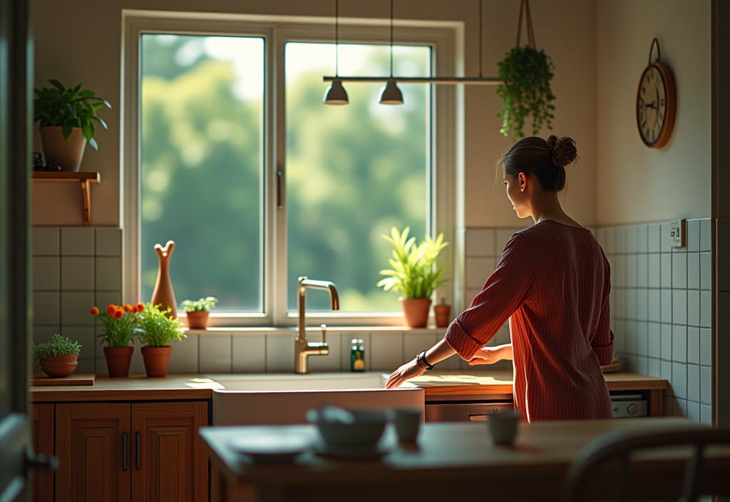  a landscape photo of a rental kitchen with temporary backsplash, over the sink cutting board, and hanging herb garden, showcasing space saving diy ideas hyperrealistic, full body, detailed clothing, highly detailed, cinematic lighting, stunningly beautiful, intricate, sharp focus, f/1. 8, 85mm, (centered image composition), (professionally color graded), ((bright soft diffused light)), volumetric fog, trending on instagram, trending on tumblr, HDR 4K, 8K