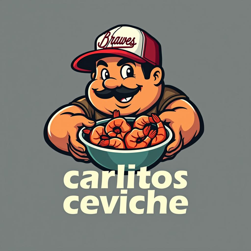  design a logo, in a threedrender style. chubby mexican with bowl of shrimp wearing an atlanta braves baseball hat, with the text 'carlitos ceviche'.