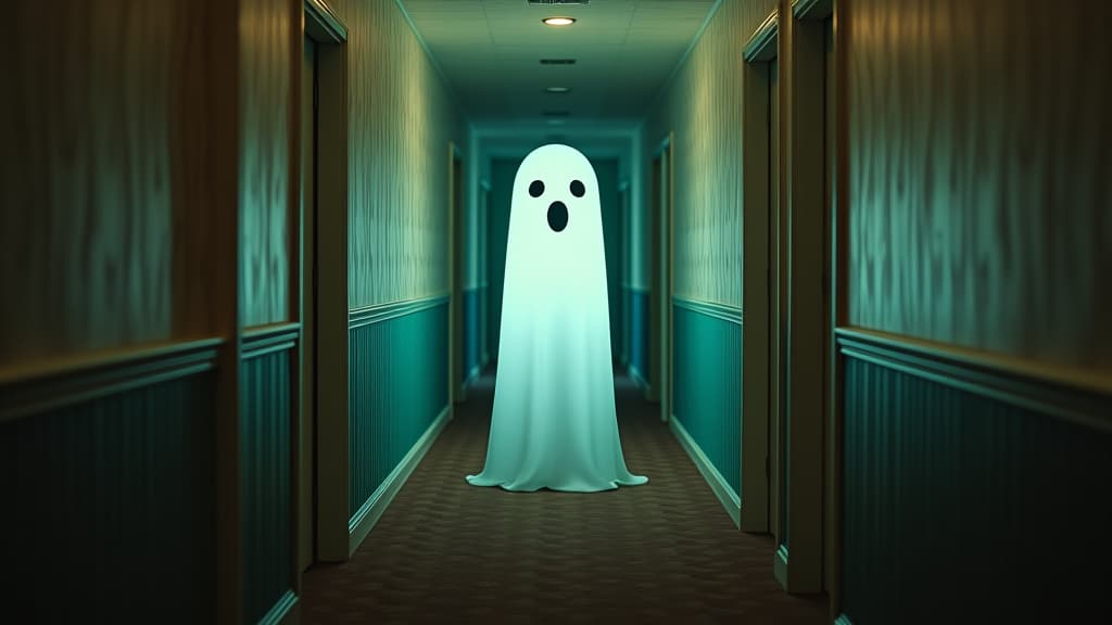  a cute sheet ghost in a hallway of a vintage retro hotel corridor