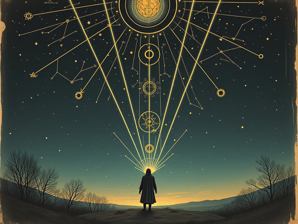  night sky full of constellations, cosmic symbols intertwining, beams of light forming messages directed at a dreaming figure below, celestial communication. an illustration in the style of a worn, mystical old tarot trump card, mysterious and elements of surrealism. the colors are muted, somber and eerie, but with contrast bring out an occult and esoteric vibe.