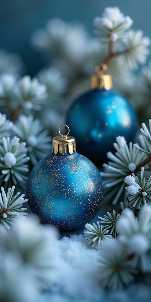  christmas ornaments in blue and gold nestled among snowy branches, capturing the festive holiday spirit., high quality, high details, hd, perfect composition, 4k epic detailed, highly detailed, sharp focus, high resolution