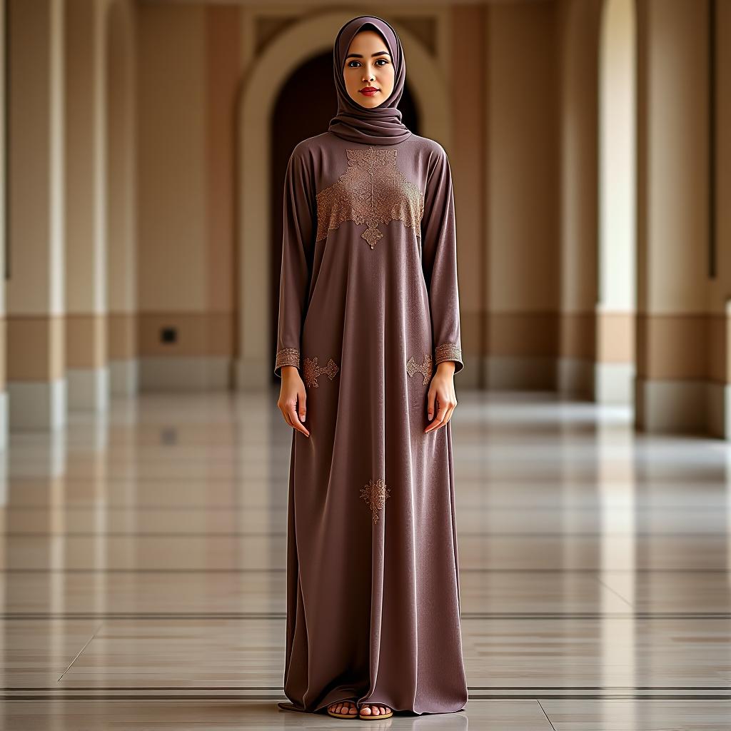  create a highly detailed image of a full body woman standing elegantly in a ceremonial scene, wearing a tailored fit, long sleeve abaya made of smooth, lightweight velvet fabric with a round neck, featuring a printed design in dark taupe (rgb(89,74,81)) and soft peach (rgb(242,233,233)), adorned with a patch logo, and fastened with hooks.