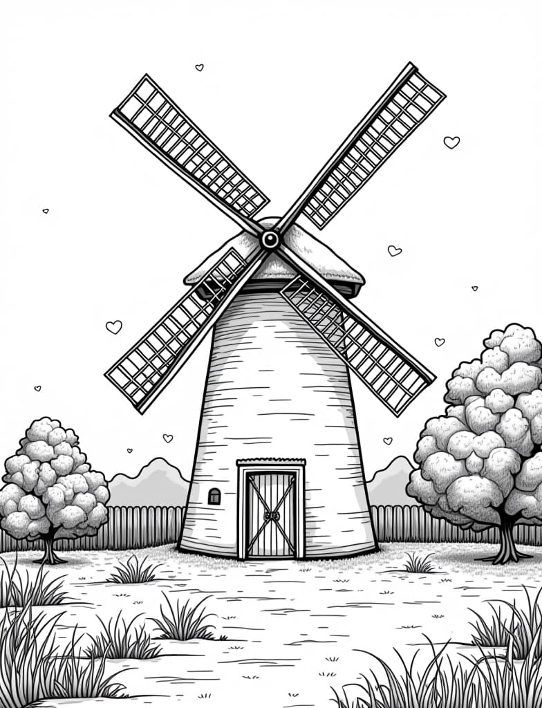  this is for an adult coloring page. a detailed black and white line art of a snowy snow covered windmill in a rural landscape on a solid white background.