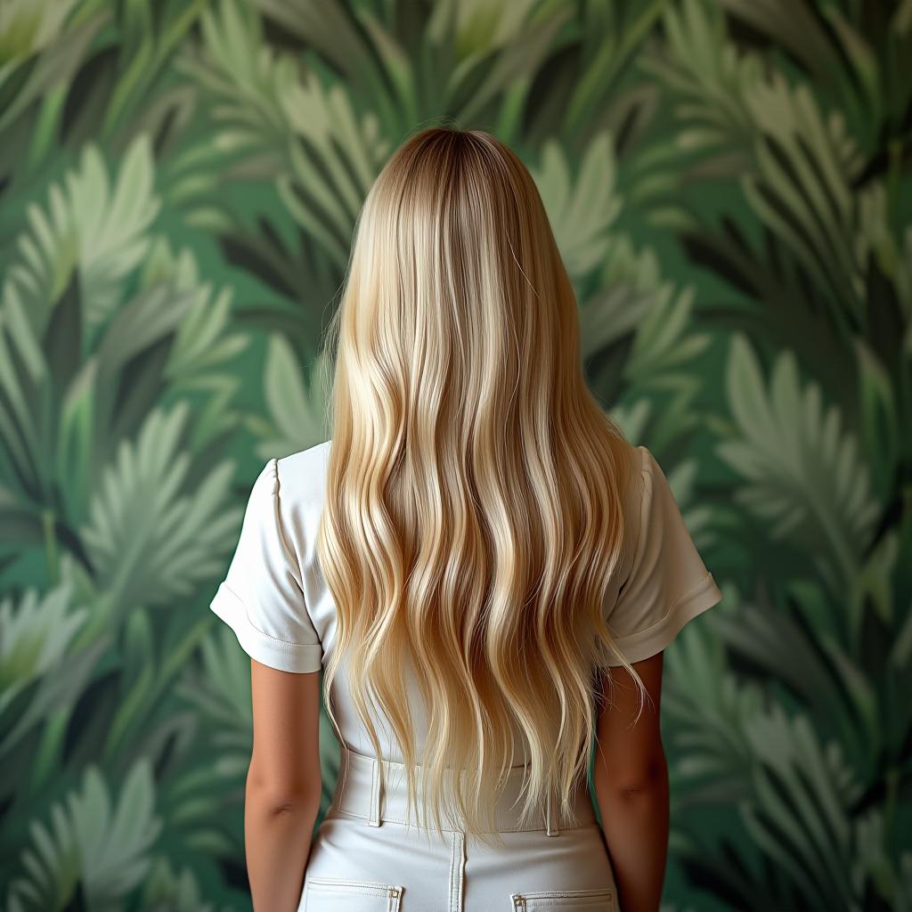  a blonde girl stands against a backdrop of palm leaf wallpaper, with beautiful shiny hair and her back to the camera. hyperrealistic, full body, detailed clothing, highly detailed, cinematic lighting, stunningly beautiful, intricate, sharp focus, f/1. 8, 85mm, (centered image composition), (professionally color graded), ((bright soft diffused light)), volumetric fog, trending on instagram, trending on tumblr, HDR 4K, 8K