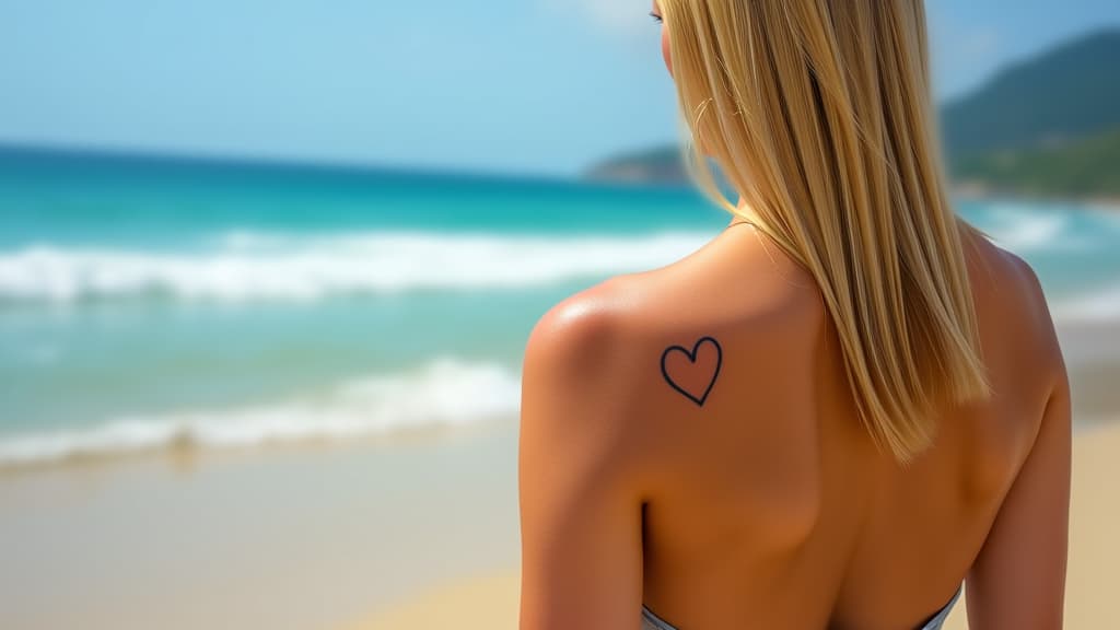  a blonde woman on vacation on the beach features a heart tattoo on her bare back, inviting love and inspiration.