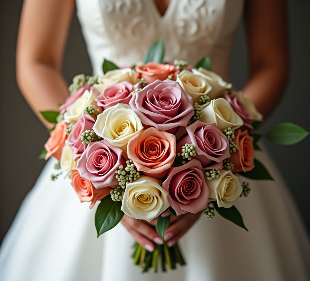  elegant wedding flower bouquet in past colors held by bride