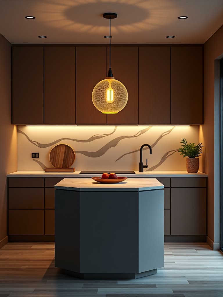  high quality portrait photo of a small kitchen featuring a stunning modern pendant light hanging over a compact island, casting beautiful patterns on the walls hyperrealistic, full body, detailed clothing, highly detailed, cinematic lighting, stunningly beautiful, intricate, sharp focus, f/1. 8, 85mm, (centered image composition), (professionally color graded), ((bright soft diffused light)), volumetric fog, trending on instagram, trending on tumblr, HDR 4K, 8K