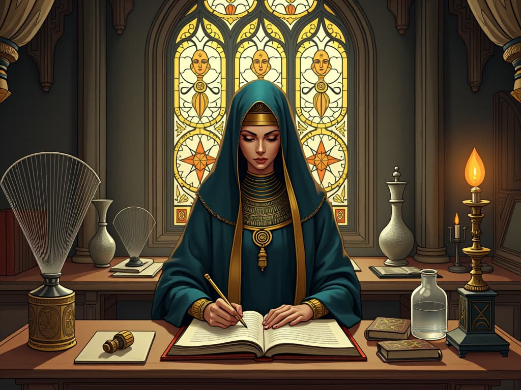  hildegard von bingen in her sanctuary, surrounded by music, writing, and scientific instruments, timeless creations resonating across generations, aura of inspiration. the style is digital art illustration / modern comic book / mysterious occult, symbolic, esoteric vibe,high detail on character design, incorporating ancient egyptian symbology and attire.