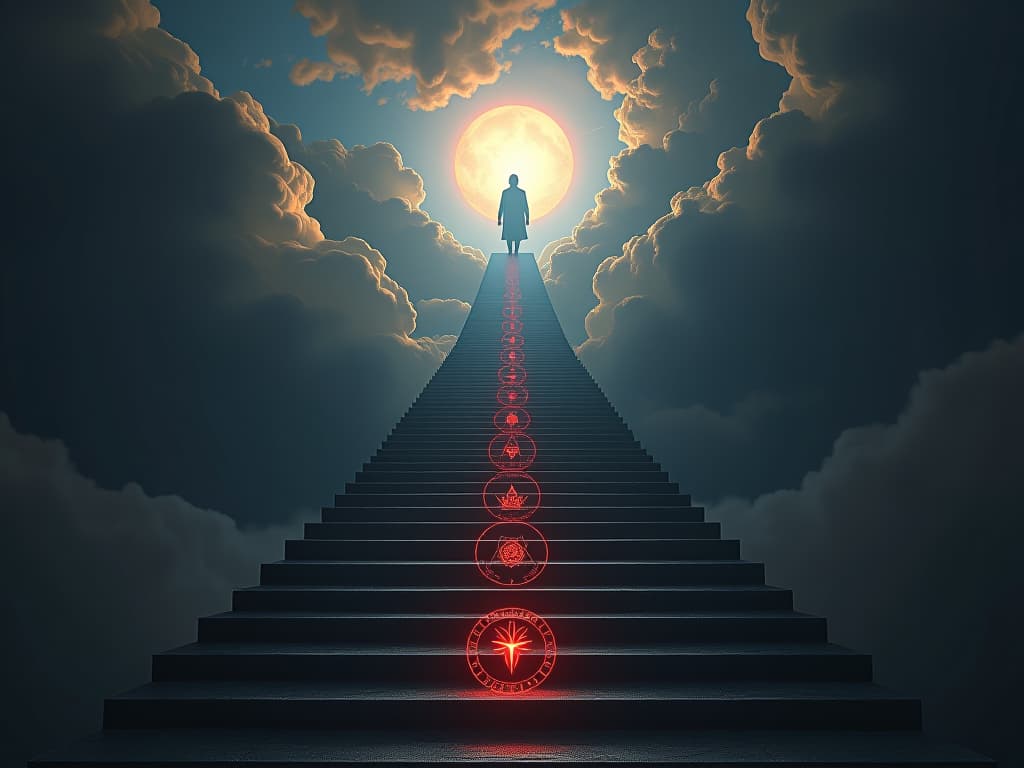  a shining, ethereal staircase ascending into the clouds, symbols of potential and aspiration engraved along the steps, soft light emanating, an aura of inspiration.. the style is dark fantasy and mysterious occult, symbolic, moody lighting, esoteric vibe,high detail on character design. for the color scheme emphasize blacks and reds.