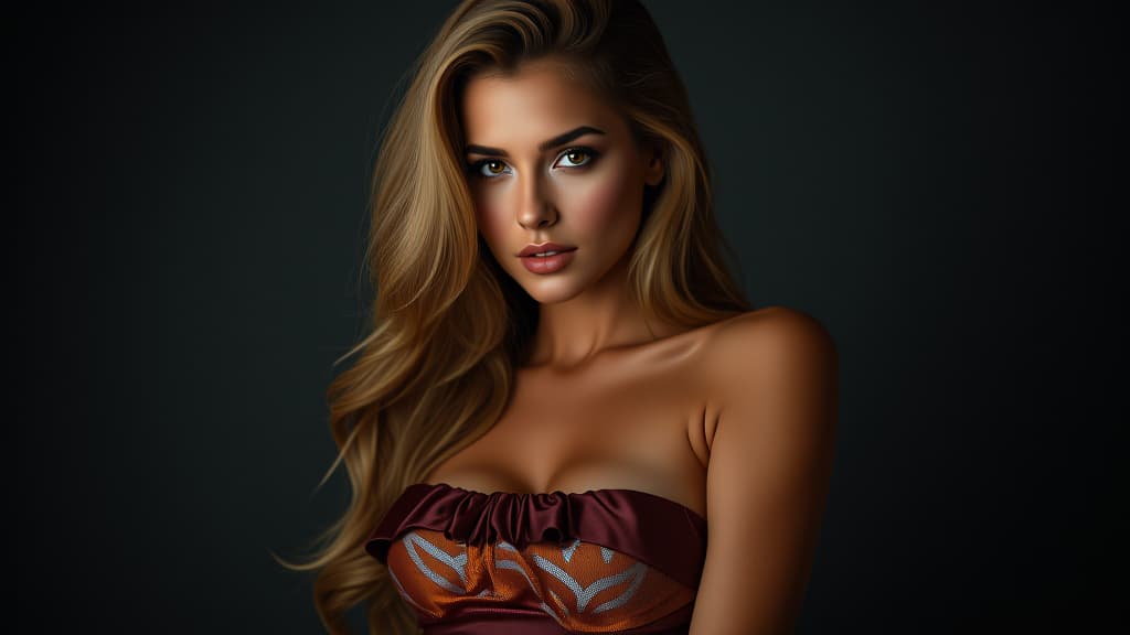  hdr photo of beautiful woman, model, with beautiful makeup, in a topless, with a high waist, on a dark background . high dynamic range, vivid, rich details, clear shadows and highlights, realistic, intense, enhanced contrast, highly detailed