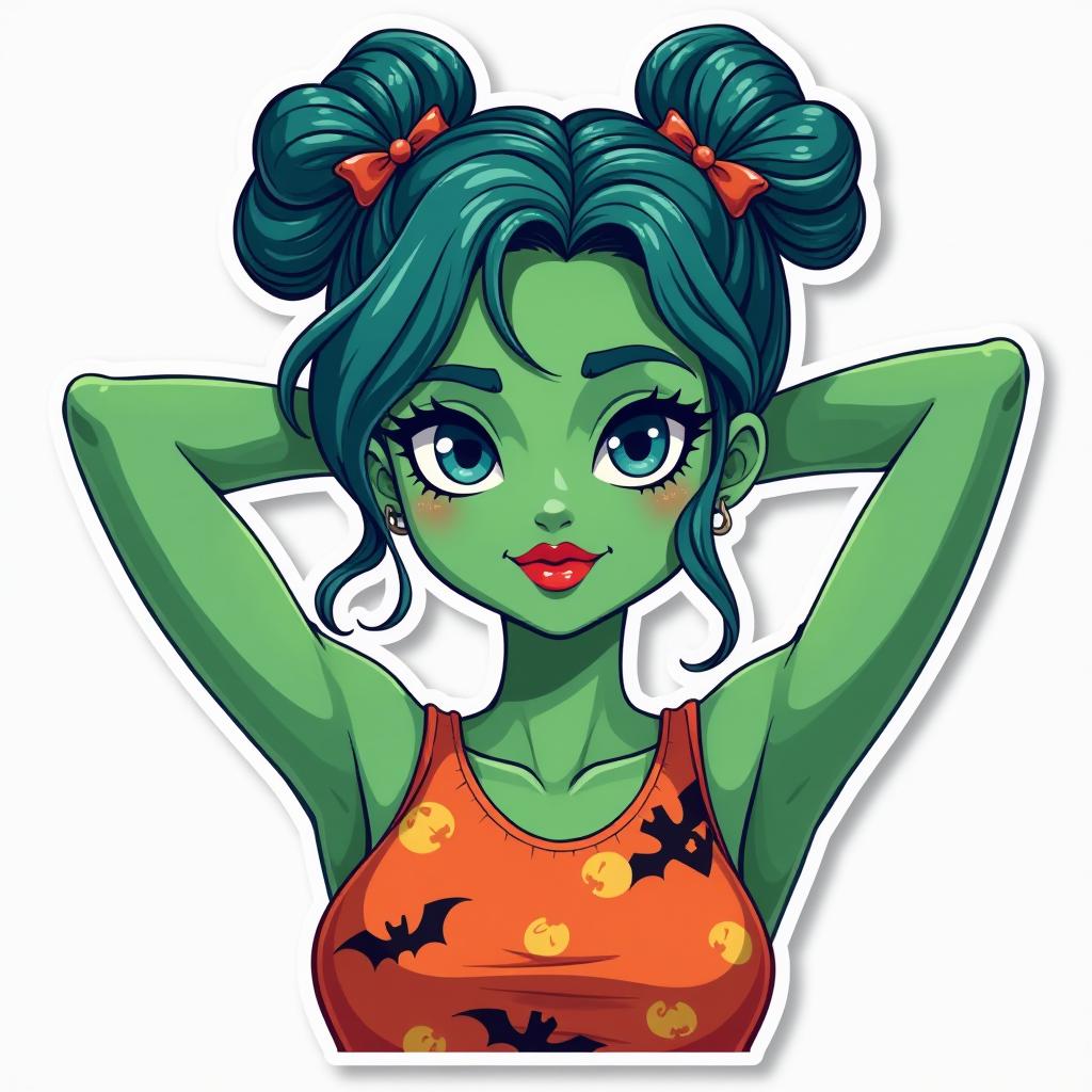  vector art stickers, "a image of a halloween "a stylized female full character with halloween hair styled in an the full character has bright blue almond shaped eyes, bold red lips, and green skin tones she is wearing a sleeveless top with a halloween pattern the full character is posing confidently with her arms raised behind her head, giving off a relaxed yet poised vibe." full hd, inspired by stylish 32k uhd, wonder, les nabi's, tin core, aspect ratio 9:16, version 5.20, on a transparent background suitable for a game.", professional vector design, sticker designs, sticker sheet