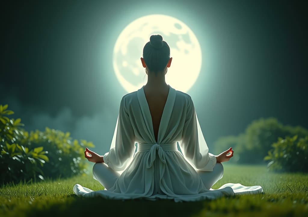  a serene, moonlit woman in a flowing white robe, sitting in lotus position, with her hands gently placed on her buttocks, surrounded by a halo of soft, ethereal light and lush greenery. hyperrealistic, full body, detailed clothing, highly detailed, cinematic lighting, stunningly beautiful, intricate, sharp focus, f/1. 8, 85mm, (centered image composition), (professionally color graded), ((bright soft diffused light)), volumetric fog, trending on instagram, trending on tumblr, HDR 4K, 8K