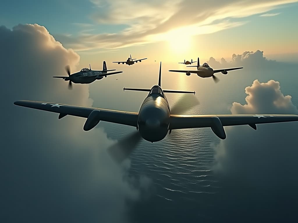  an artistic representation of the iconic moment from the battle of the philippine sea, featuring american hellcat fighter planes engaging japanese aircraft amidst a backdrop of war torn skies over the pacific ocean. capture the essence of aerial combat, the advanced radar technology used by the allies, and the strategic maneuvering involved in this pivotal naval battle that altered the course of history. hyperrealistic, full body, detailed clothing, highly detailed, cinematic lighting, stunningly beautiful, intricate, sharp focus, f/1. 8, 85mm, (centered image composition), (professionally color graded), ((bright soft diffused light)), volumetric fog, trending on instagram, trending on tumblr, HDR 4K, 8K