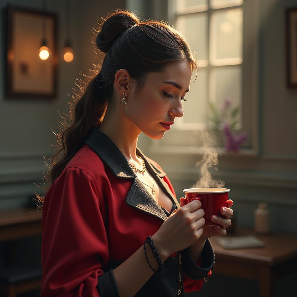  illy coffee hyperrealistic, full body, detailed clothing, highly detailed, cinematic lighting, stunningly beautiful, intricate, sharp focus, f/1. 8, 85mm, (centered image composition), (professionally color graded), ((bright soft diffused light)), volumetric fog, trending on instagram, trending on tumblr, HDR 4K, 8K