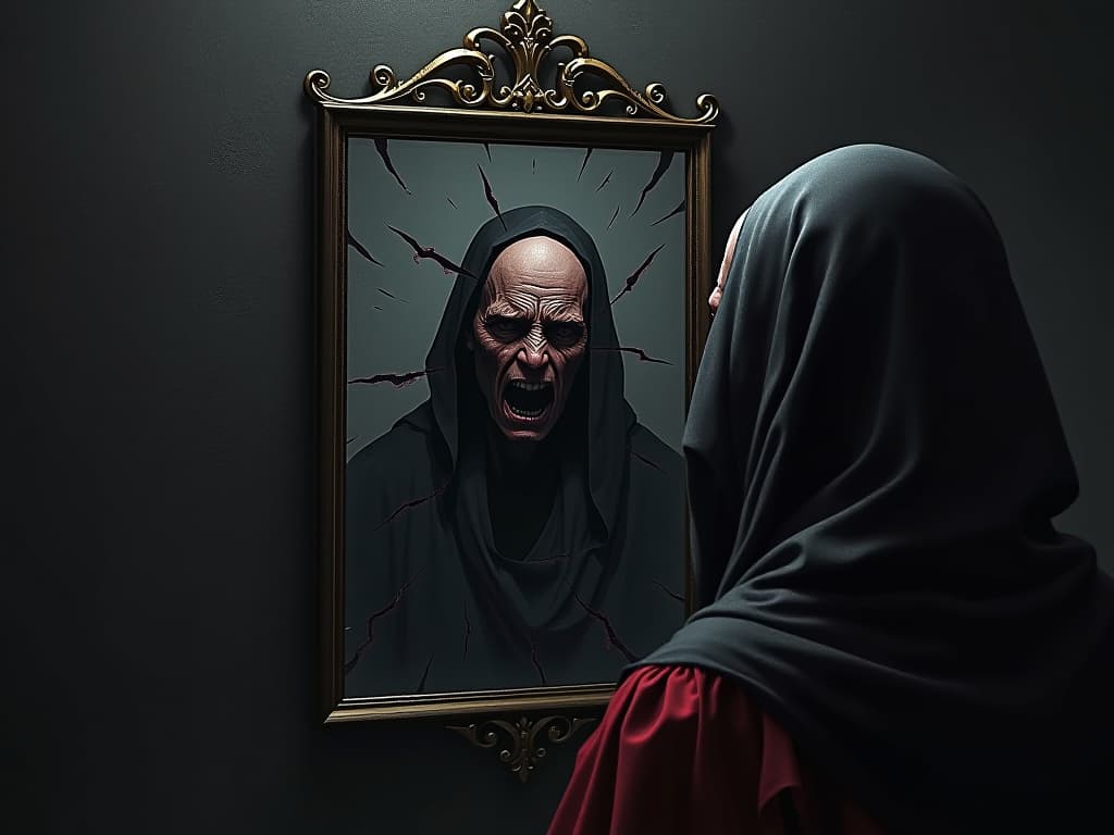  a mirror reflecting a figure's face twisted in regret and pain, shards around the mirror revealing hidden expressions, dark room, intense and haunting.. the style is dark fantasy and mysterious occult, symbolic, moody lighting, esoteric vibe,high detail on character design. for the color scheme emphasize blacks and reds.