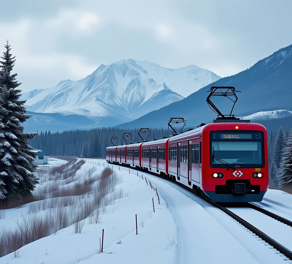  red train traveling down train tracks next to snow covered mountain range