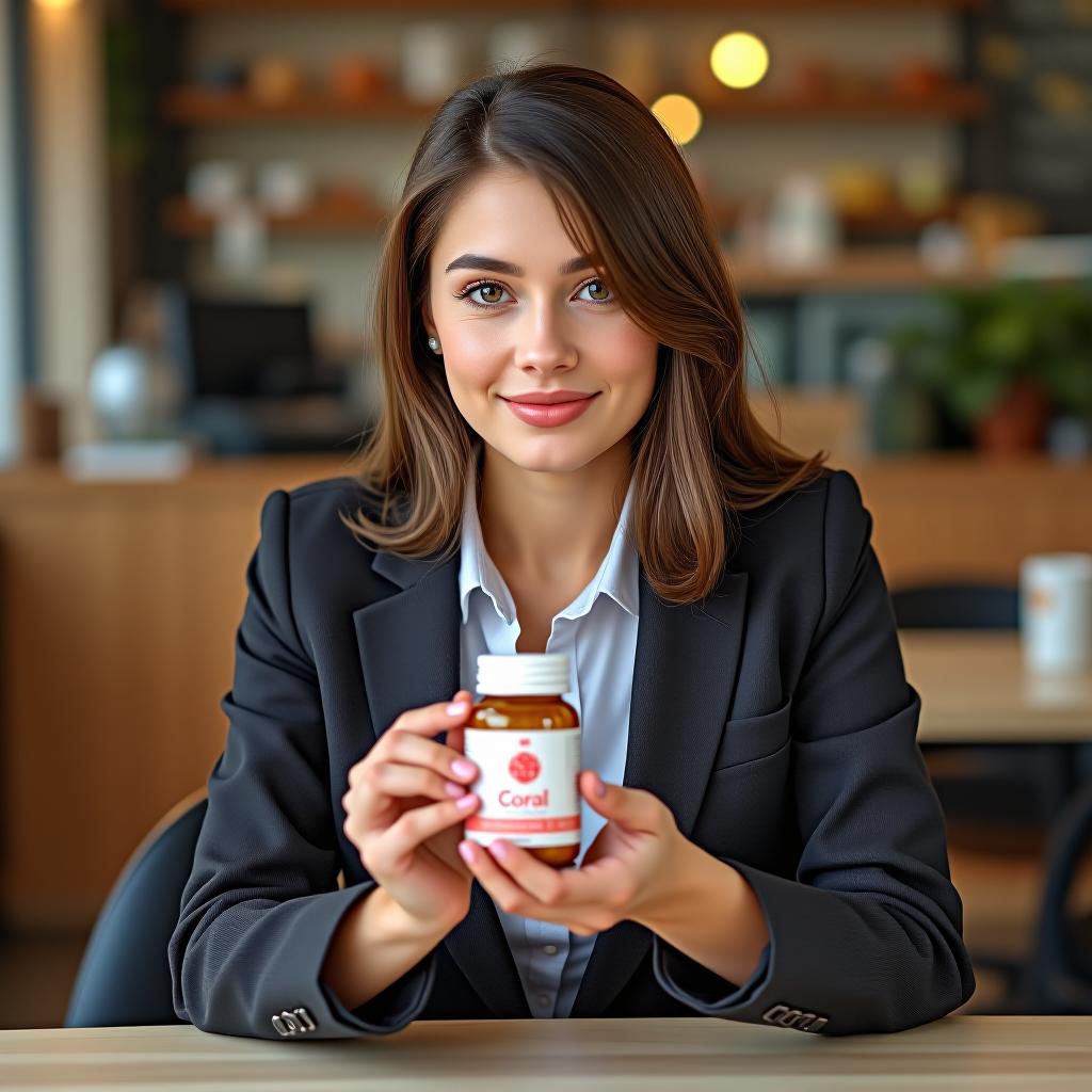  a brunette girl in a business suit is sitting in a cafe, holding coral club vitamins in her hands.