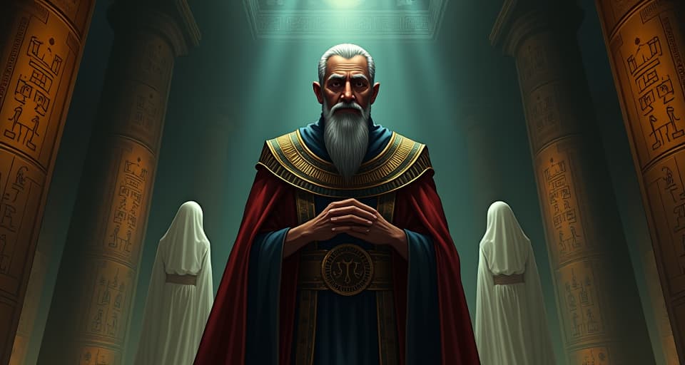  an elder priest in elaborate robes, standing in a darkened temple, hieroglyphs on the walls glowing faintly, his expression one of lost authority, surrounded by ethereal figures of guidance. the style is digital art illustration / modern comic book / mysterious occult, symbolic, esoteric vibe,high detail on character design, incorporating ancient egyptian symbology and attire.