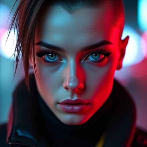  ultra realistic close up portrait ((beautiful pale cyberpunk female with heavy black eyeliner)), blue eyes, shaved side haircut, hyper detail, cinematic lighting, magic neon, dark red city, canon eos r3, nikon, f/1.4, iso 200, 1/160s, 8k, raw, unedited, symmetrical balance, in frame, 8k hyperrealistic, full body, detailed clothing, highly detailed, cinematic lighting, stunningly beautiful, intricate, sharp focus, f/1. 8, 85mm, (centered image composition), (professionally color graded), ((bright soft diffused light)), volumetric fog, trending on instagram, trending on tumblr, HDR 4K, 8K