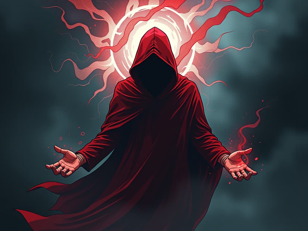  red hooded figure, caught in a mystical storm, internal conflict visualized as swirling energies, sense of personal struggle. the style is digital art illustration / modern comic book / graphic dark novel fantasy and mysterious occult, symbolic, moody lighting, esoteric vibe,high detail on character design. for the color scheme emphasize blacks and reds.