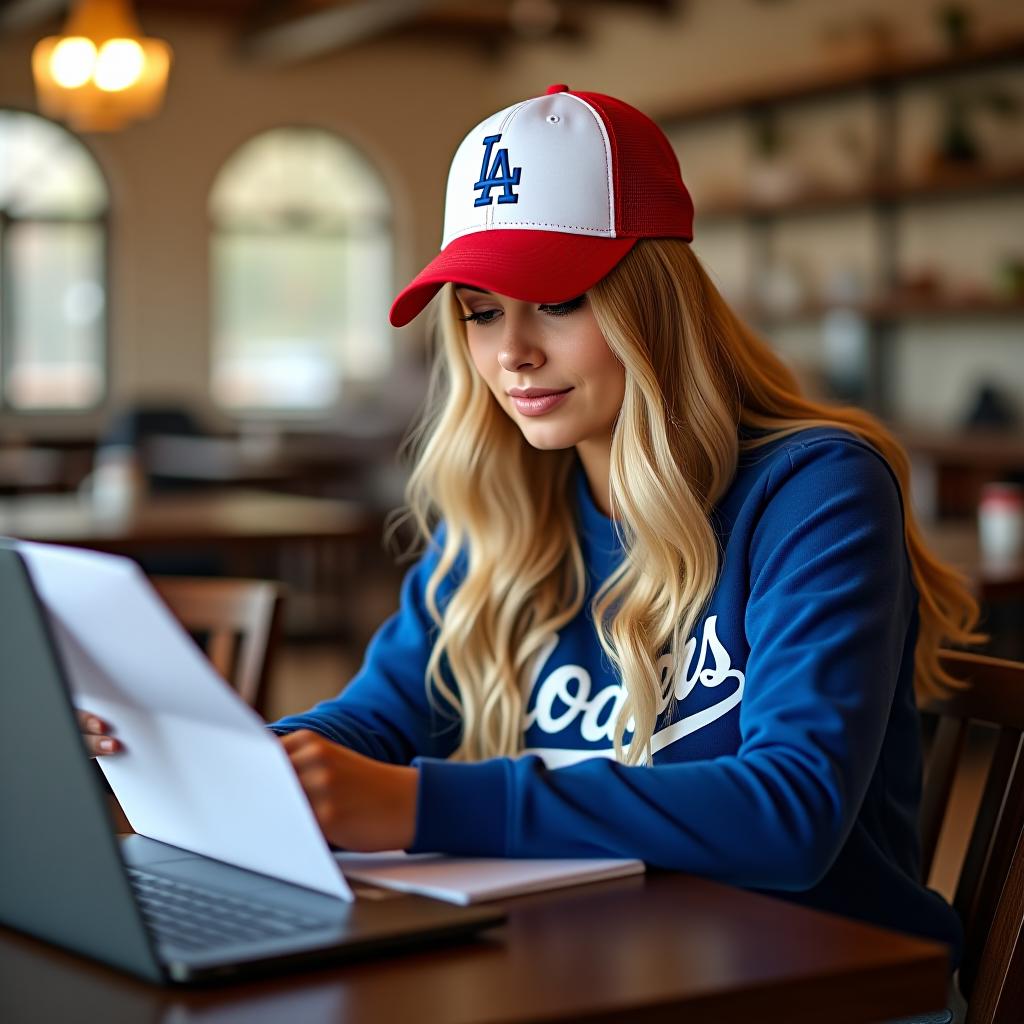  make an image of a white woman with blonde hair and an la dodgers cap and red, white and blue studying in a cafe accounting