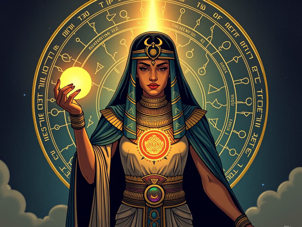  a mystic with a celestial orb in hand, reading cosmic signs, surrounded by intertwining constellations, aura of deep, informed decisions. the style is digital art illustration / modern comic book / mysterious occult, symbolic, esoteric vibe,high detail on character design, incorporating ancient egyptian symbology and attire.