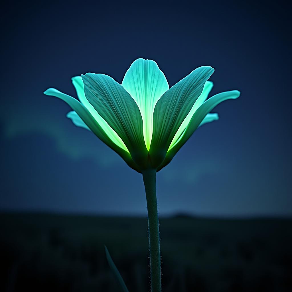  a detailed close up photo of a flower that stands alone in a dark field. each petal of the flower is an illusion of an aurora borealis on each individual petal. the stem is made of a thick green fibrous material. the plant is standing beneath a dark starry midnight sky.