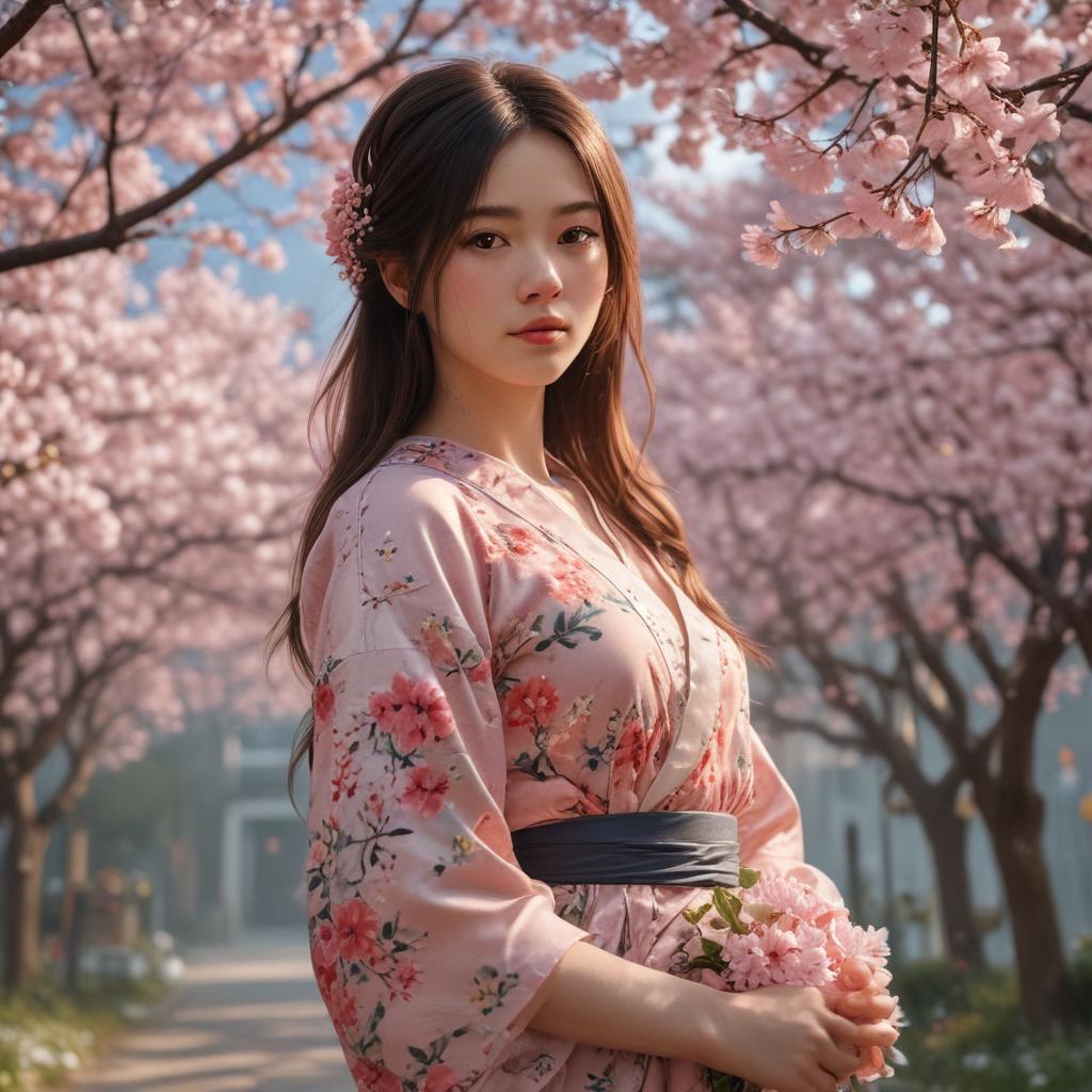 ((masterpiece)),(((best quality))), 8k, high detailed, ultra detailed, A cute illustration in the style of Meguro Ren, Meguro Ren style, girl with long hair, wearing a floral dress, holding a bouquet of flowers, surrounded by cherry blossom trees hyperrealistic, full body, detailed clothing, highly detailed, cinematic lighting, stunningly beautiful, intricate, sharp focus, f/1. 8, 85mm, (centered image composition), (professionally color graded), ((bright soft diffused light)), volumetric fog, trending on instagram, trending on tumblr, HDR 4K, 8K