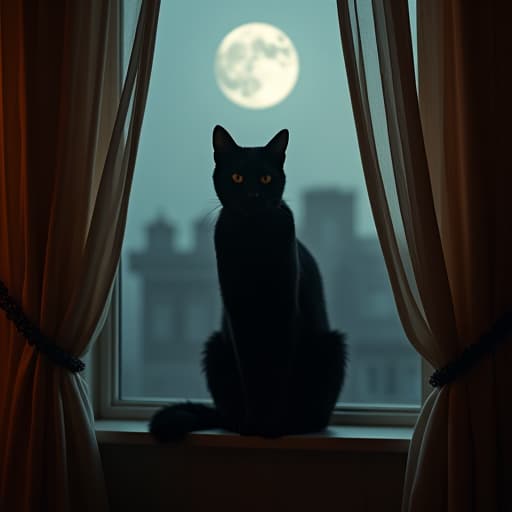  in a mesmerizing display of artistry, an elegant black "cat" with piercing eyes and a sleek fur coat sits perched on a windowsill, casting a mysterious silhouette against the soft glow of the moonlight filtering through sheer curtains. the room is adorned with ornate persian rugs in deep crimson hues, enhancing the feline's enigmatic aura. the play of light and shadow dances across the cat's fur, accentuating its graceful contours and velvety texture. the scene exudes an air of quiet elegance and timeless sophistication, inviting viewers to get lost in the mesmerizing gaze of this majestic creature. every whisker, every subtle movement is captured with exquisite precision, blurring the boundaries between reality and art in a captivating fus hyperrealistic, full body, detailed clothing, highly detailed, cinematic lighting, stunningly beautiful, intricate, sharp focus, f/1. 8, 85mm, (centered image composition), (professionally color graded), ((bright soft diffused light)), volumetric fog, trending on instagram, trending on tumblr, HDR 4K, 8K