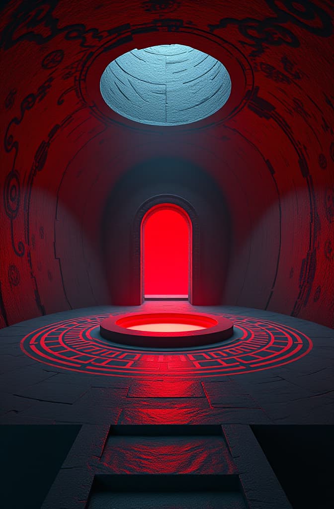  an image of a circular underground room, with a black portal glowing red in the middle, and walls covered in arcane symbols. hyperrealistic, full body, detailed clothing, highly detailed, cinematic lighting, stunningly beautiful, intricate, sharp focus, f/1. 8, 85mm, (centered image composition), (professionally color graded), ((bright soft diffused light)), volumetric fog, trending on instagram, trending on tumblr, HDR 4K, 8K